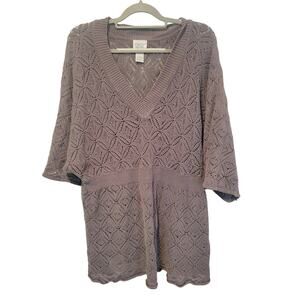 Vintage Only Necessities 2X Gray Open Knit Short Sleeve V Neck Sweater Tunic